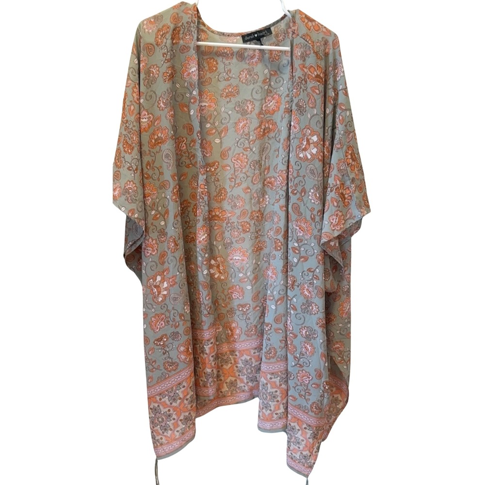 Derek Heart Womens Floral Boho Kimono Open Front Lightweight Plus 3X Green Drape